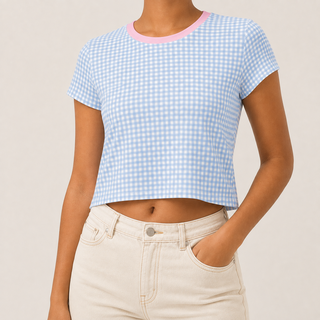 Women's Crop T-shirt - Plaid Baby Blue & Pink